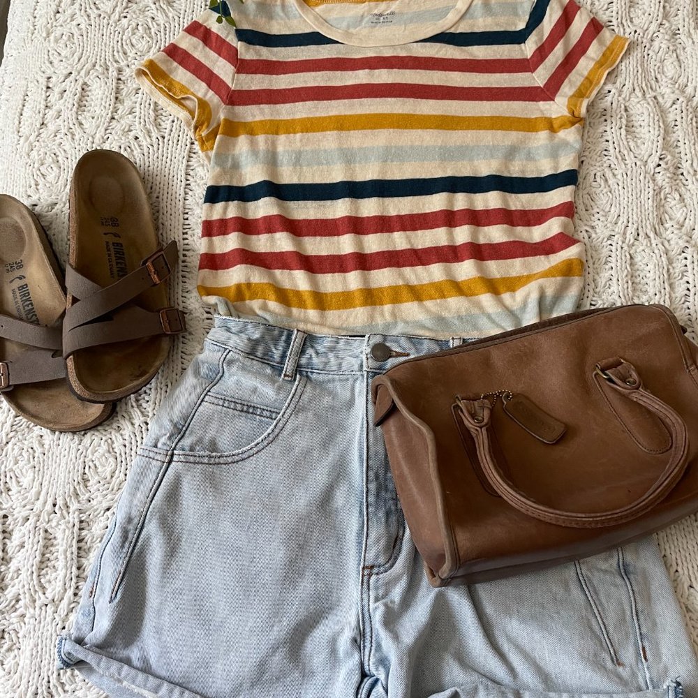 Madewell LoFi Shrunken Striped Whisper Tee T Shirt Navy Mustard Gold size XS - Picture 2 of 9